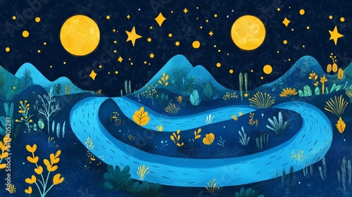 Wallpaper Mural The moon shines down on a serene landscape with a winding river at night Torontodigital.ca