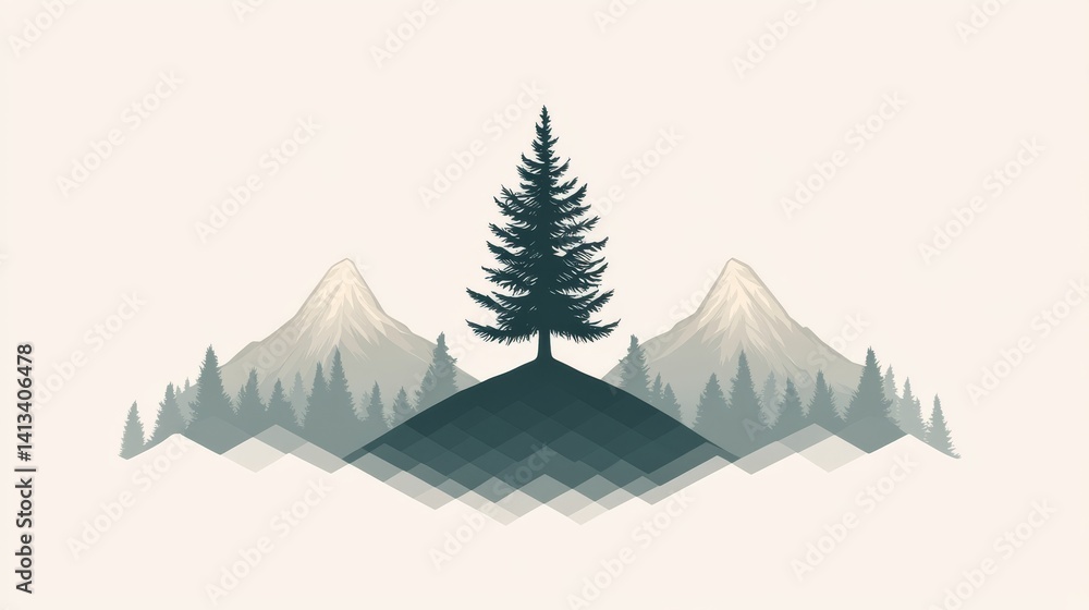 Obraz premium Minimalistic background featuring a stylized tree accompanied by geometric mountains