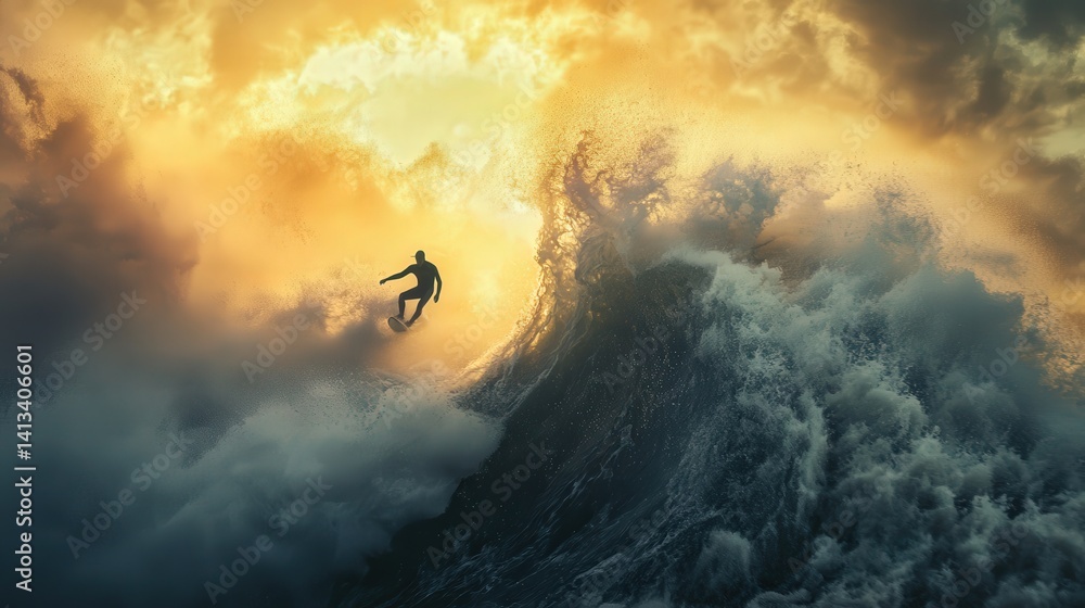 Fototapeta premium A surfer rides a massive wave during a dramatic sunset.