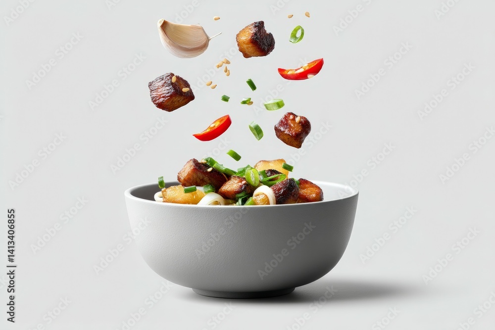 Asian cuisine bowl with pork, scallions, garlic, and peppers in mid-air