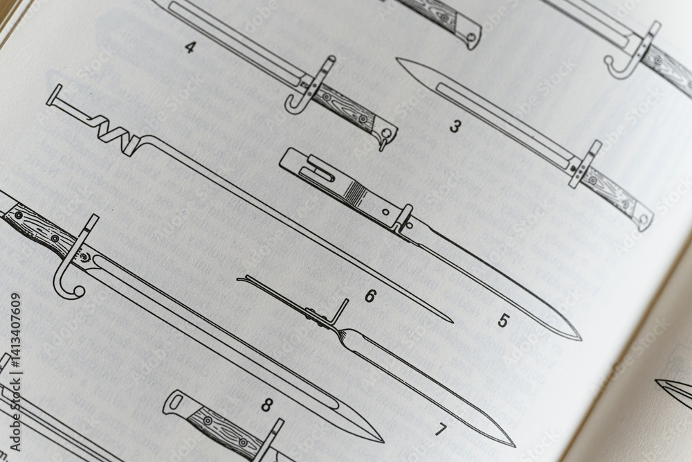 A sample of different types of bayonets drawn on paper.