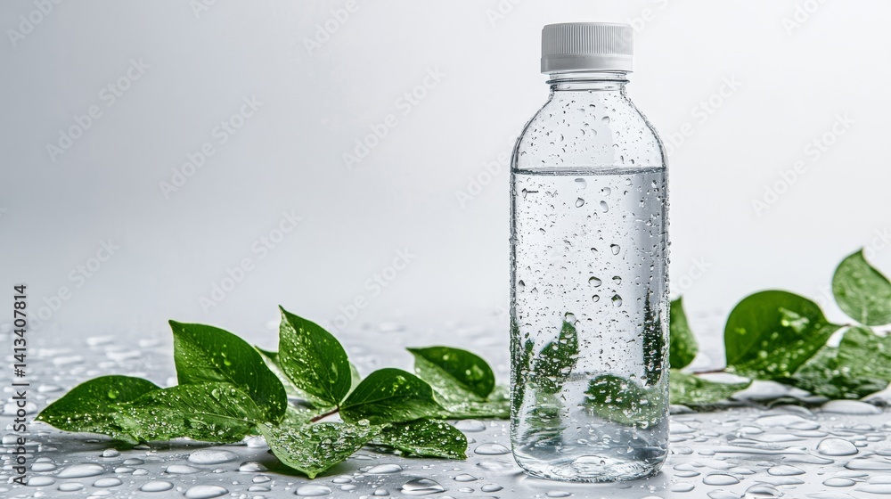 The image features a plastic water bottle set against a white backdrop, accompanied by green leaves and water droplets The image features a plastic water bottle set against a white backdrop, accompanied by green leaves and water droplets
