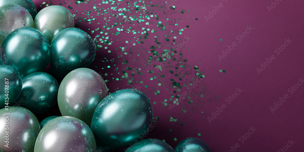 Fototapeta premium Cluster of metallic teal and grey balloons with green glitter on purple background Free space for text or design, ideal for festive or celebratory mockup