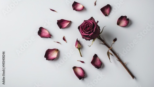 Falling dried rose petals symbolize heartbreak, loss, or disappointment