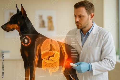 Obraz na płótnie Caucasian male veterinarian analyzing digestive system of doberman using augmented reality technology w salonie