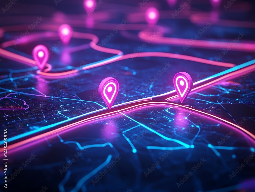 Neon Map with Location Markers Neon Map with Location Markers