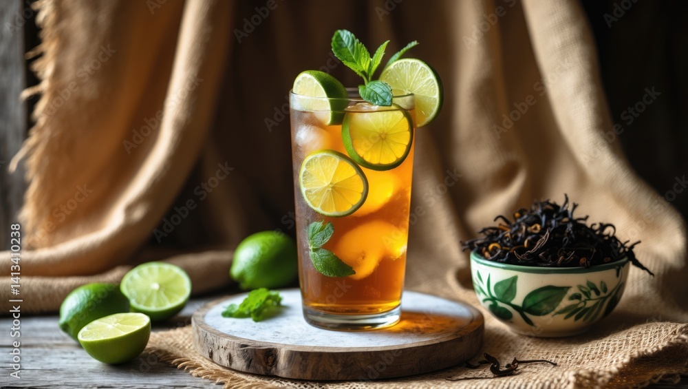 Lime Iced Tea: A Thai Soft Drink Made with Black Tea, Lime Juice, Sugar, and Mint Garnish