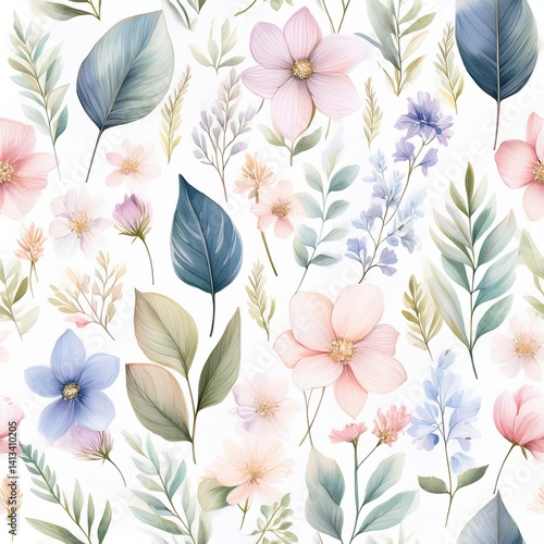Wallpaper Mural Seamless pattern of pastel flowers and leaves on white background Torontodigital.ca