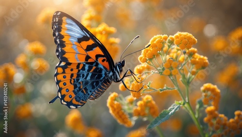 Nymphalidae family small tortoiseshell (Aglais urticae) found on goldenrod blooms.