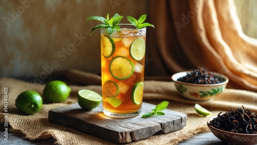 Thai Beverage: Lime Iced Tea with Black Tea, Lime Juice, and Sugar, Decorated with Lime Slices and Mint in a Glass