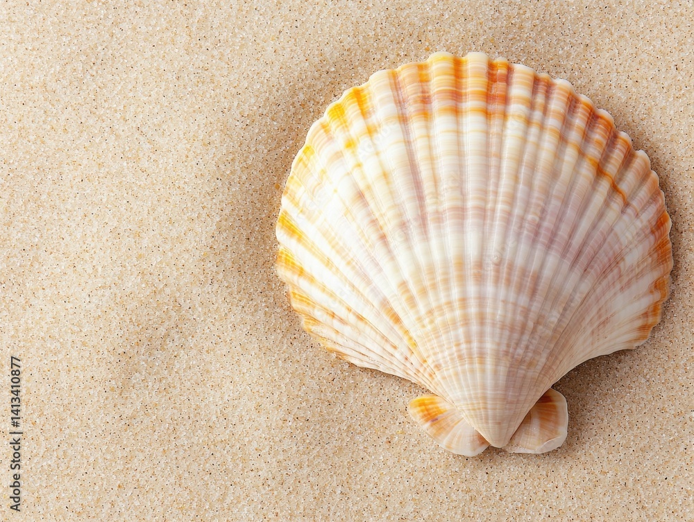 A beautiful scallop shell rests on soft, golden sand, showcasing its unique texture and colors in a serene beach setting. A beautiful scallop shell rests on soft, golden sand, showcasing its unique texture and colors in a serene beach setting.
