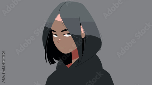 Female asian teen with black hair wearing hoodie on gray background flat vector illustration