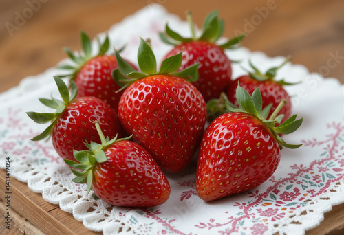A bunch of red strawberries are on a white cloth