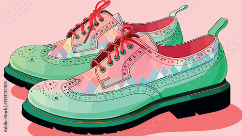 Colorful brogue shoes with patterned design on light pink background flat vector illustration