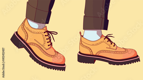 Illustrative stylish brown shoes with brogue detailing on yellow background flat vector illustration