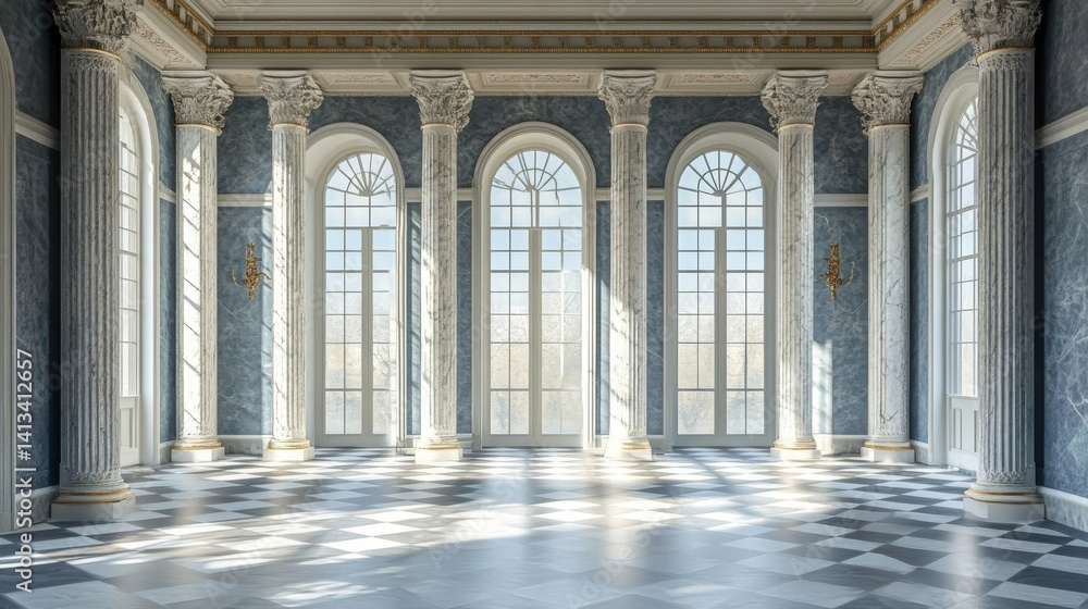 Obraz premium The hallway has an elegant interior with columns and a floor that is checkered