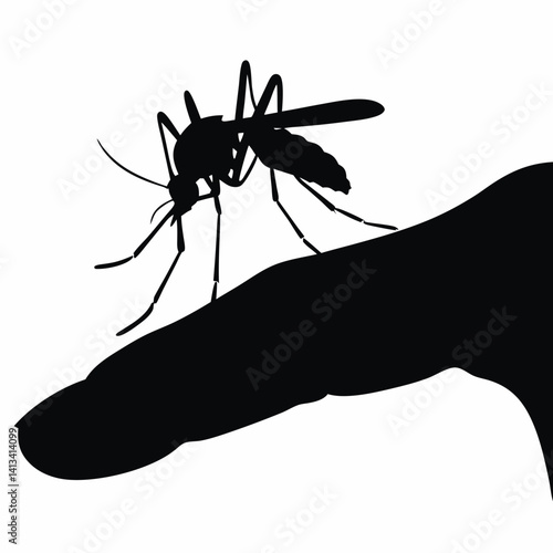 Mosquito biting finger in black silhouette illustration