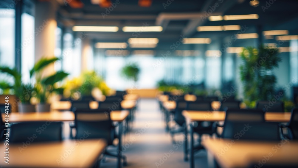 Fototapeta premium Fuzzy backdrop of a contemporary office space showcasing expansive work zones, ample glass partitions, and vibrant greenery.