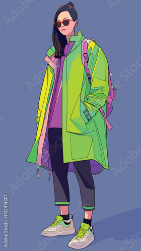 Stylish asian female teen in neon fashion with sunglasses and backpack flat vector illustration