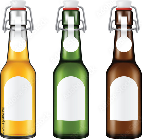 Set of three realistic looking beer bottles with swing stopper isolated on white background. Photo- realistic vector illustration.