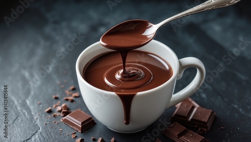 Spoon resting on delicious hot chocolate in a cup on a dark table, room for text