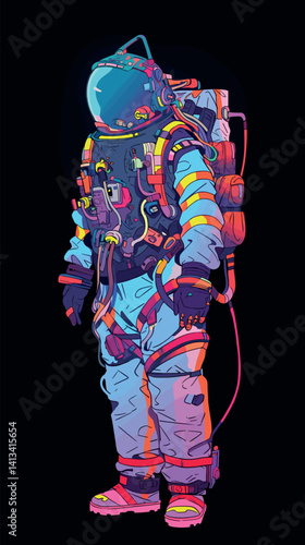 Colorful abstract astronaut illustration with vibrant spacesuit and equipment flat vector illustration