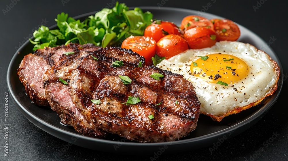 Hearty breakfast plate grilled meat fried egg tomatoes greens healthy food Hearty breakfast plate grilled meat fried egg tomatoes greens healthy food