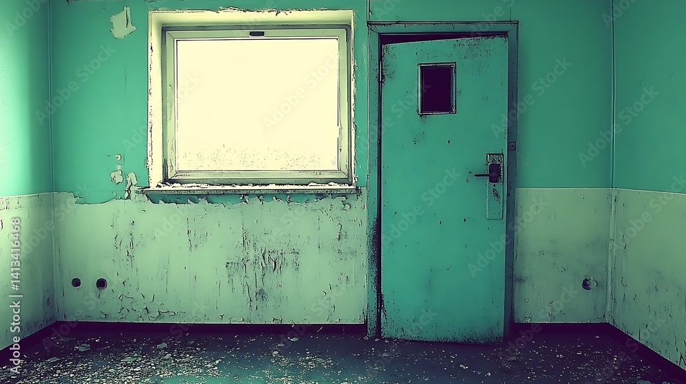 Derelict room, peeling paint, debris