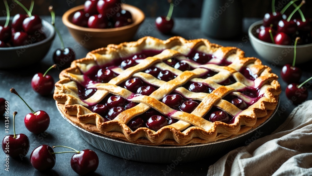 Tasty cherry pie featuring a luxurious crust, highlighting bright red cherries. Presented in a professional food photography style emphasizing texture and hue.