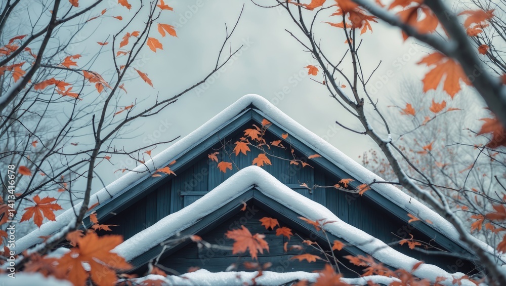 Cabin roof blanketed in snow surrounded by leaves on a sunny day