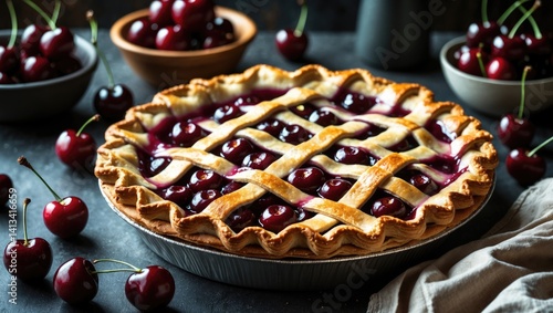 Obraz na płótnie Tasty cherry pie featuring a luxurious crust, highlighting bright red cherries. Presented in a professional food photography style emphasizing texture and hue. w salonie