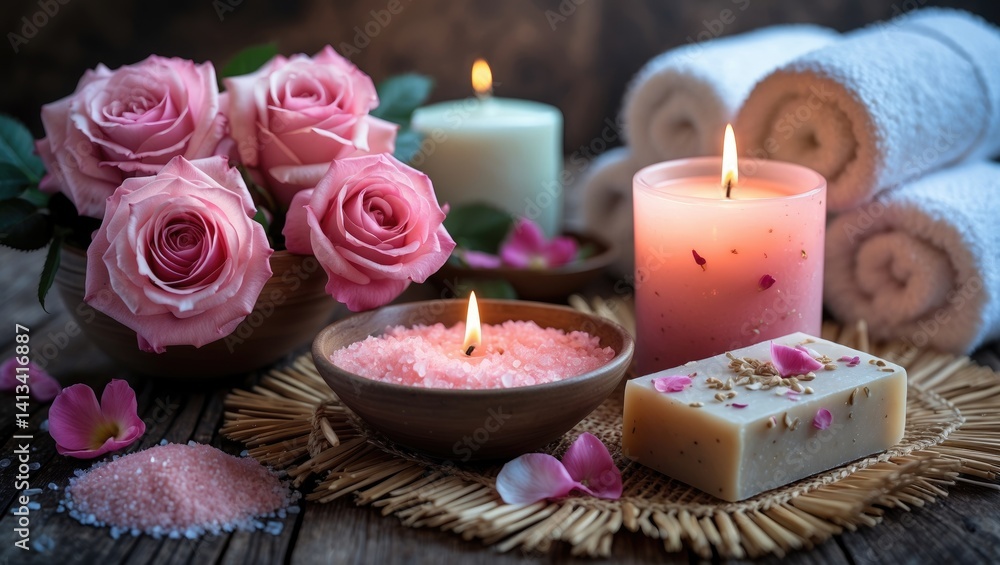 Relaxation Area with roses and salt in a bowl, towel. Candle, soap placed on straw mat Relaxation Area with roses and salt in a bowl, towel. Candle, soap placed on straw mat