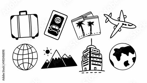Travel & Tourism Icons: Line style icons for suitcase, passport, airplane, hotel, beach, mountain, landmark, globe, car rental, map, hotel booking, cruise, and more. Editable stroke..