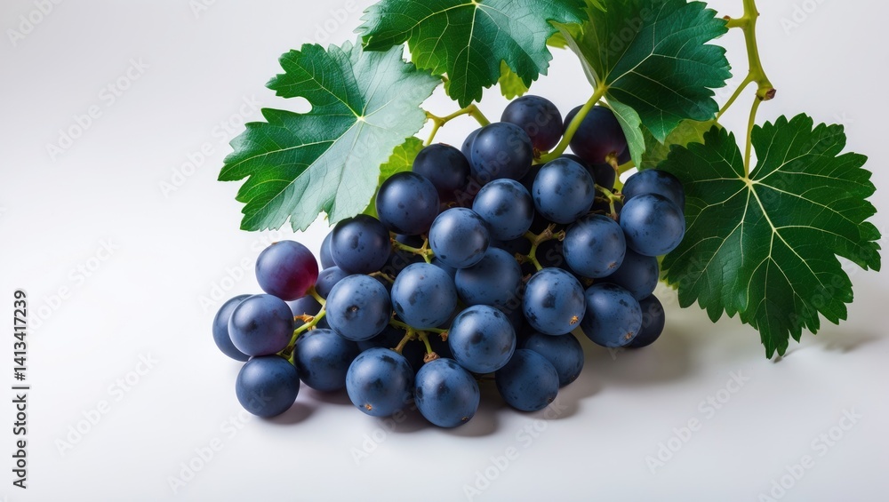Fototapeta premium Isolated blue grape fruit with green leaves on a white background