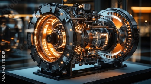 A rotary Wankel engine, displayed with glowing cutaway sections --ar 16:9 --v 6.1 Job ID: c3682cad-a28e-4690-9b75-74d5c902442e