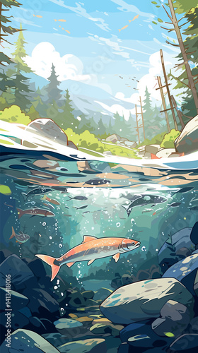 Underwater trout in mountain stream with lush forest and clear sky flat vector illustration