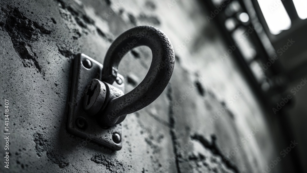 Monochrome image of a metal door lock attached to a wall Monochrome image of a metal door lock attached to a wall