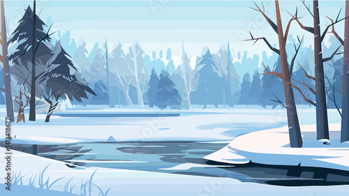 Tranquil winter forest with snowy trees and frozen stream flat vector illustration