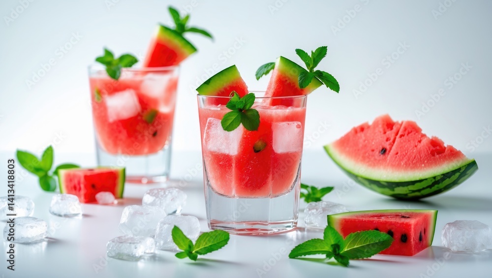 Two glasses of watermelon beverage with watermelon bits and ice set on a pale background Two glasses of watermelon beverage with watermelon bits and ice set on a pale background