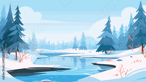 Serene winter landscape with snow-covered forest and tranquil river flat vector illustration