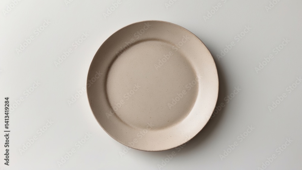 Handmade Ceramic Dish Plate with Trendy Circle Beige Sand Grain Texture, Top View on White Background Handmade Ceramic Dish Plate with Trendy Circle Beige Sand Grain Texture, Top View on White Background