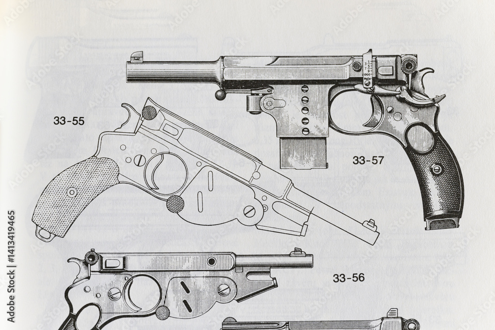 A pistol depicted in black and white on paper.