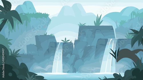 Tranquil tropical waterfall in lush jungle landscape flat vector illustration