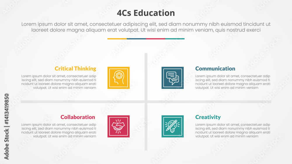 4cs education infographic concept for slide presentation with square base and cross line center with 4 point list with flat style 4cs education infographic concept for slide presentation with square base and cross line center with 4 point list with flat style
