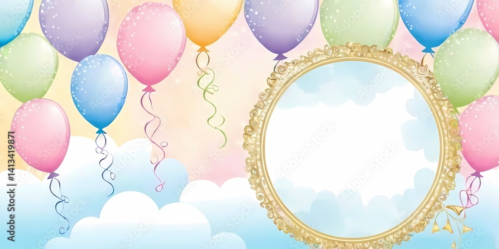 Pastel Balloon birthday Party Background with Stars and Clouds Pastel Balloon birthday Party Background with Stars and Clouds