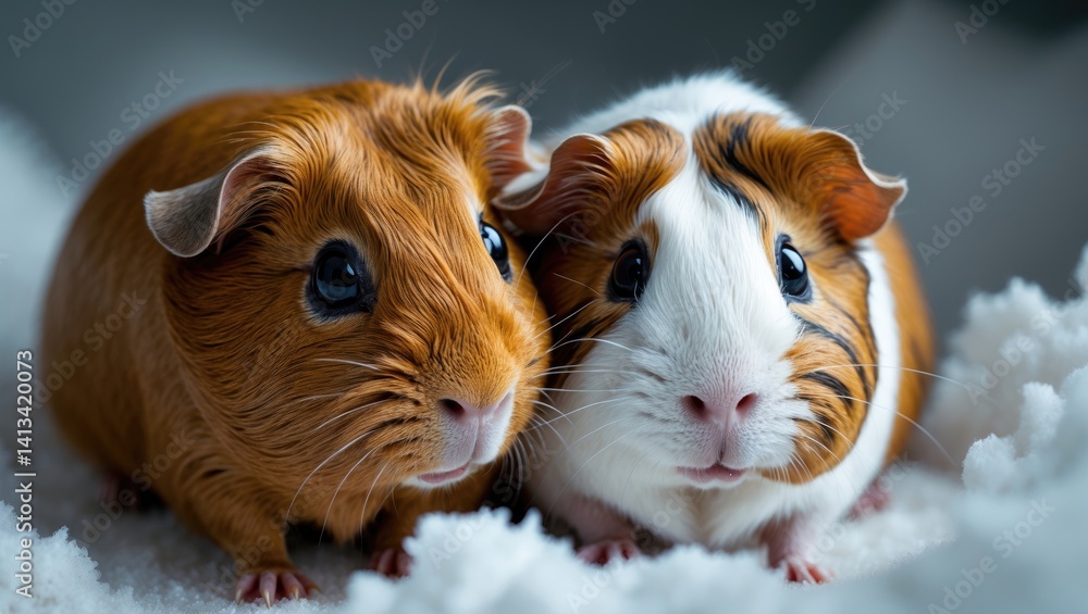 Two lovely guinea pigs positioned on a neutral backdrop, looking directly at the camera Two lovely guinea pigs positioned on a neutral backdrop, looking directly at the camera