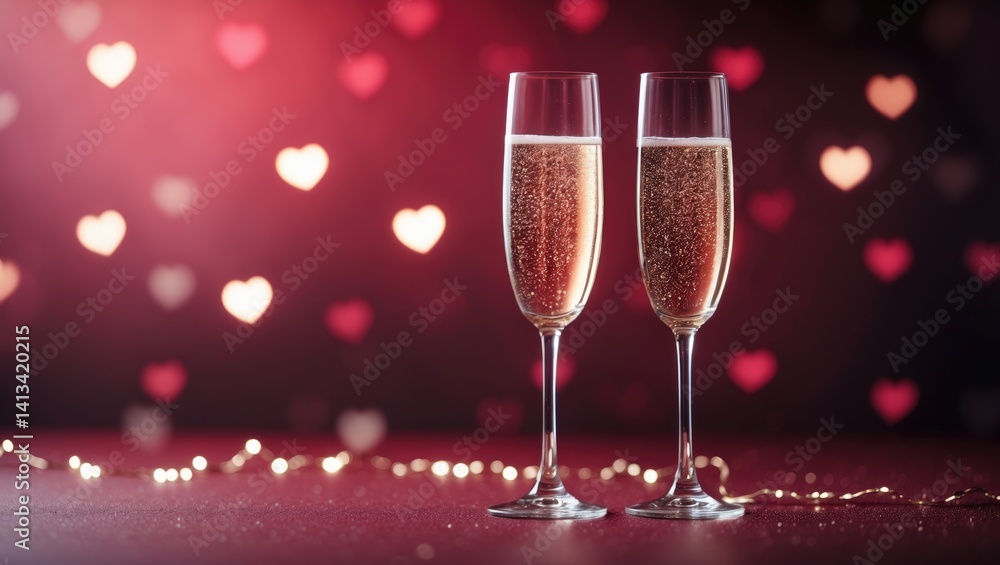 Two champagne flutes amid romantic bokeh and abstract heart shapes. Celebration background. Two champagne flutes amid romantic bokeh and abstract heart shapes. Celebration background.