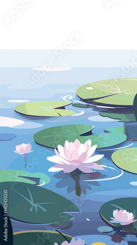 Tranquil pond with water lilies and floating leaves flat vector illustration