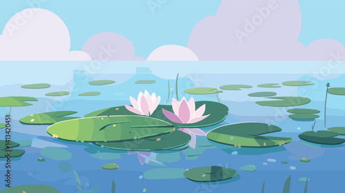 Tranquil water lily pond with pink lotus flowers and floating lily pads flat vector illustration