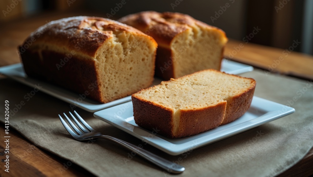 Two Pieces of Donut Loaf Cake on a Small White Square Plate with a Stainless Steel Fork Two Pieces of Donut Loaf Cake on a Small White Square Plate with a Stainless Steel Fork